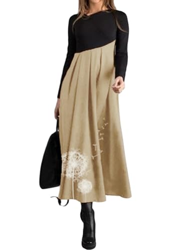 shownicer Damen Herbst Winter Freizeit Langarm Maxi Boho Print Kleid Elegante Pulloverkleid Langarm Lose Rundhals Tunika Kleid Hohe Taille Swing Maxikleid B Gelb M von shownicer