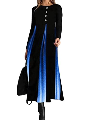 shownicer Damen Herbst Winter Freizeit Langarm Maxi Boho Print Kleid Elegante Pulloverkleid Langarm Lose Rundhals Tunika Kleid Hohe Taille Swing Maxikleid C Blau L von shownicer