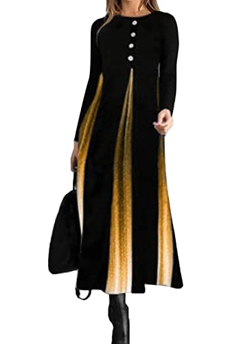 shownicer Damen Herbst Winter Freizeit Langarm Maxi Boho Print Kleid Elegante Pulloverkleid Langarm Lose Rundhals Tunika Kleid Hohe Taille Swing Maxikleid C Gelb XL von shownicer