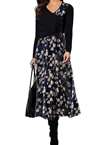 shownicer Damen Herbst Winter Freizeit Langarm Maxi Boho Print Kleid Elegante Pulloverkleid Langarm Lose Rundhals Tunika Kleid Hohe Taille Swing Maxikleid D Schwarz M von shownicer