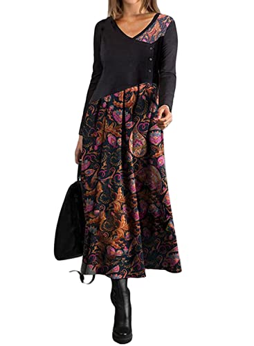 shownicer Damen Herbst Winter Freizeit Langarm Maxi Boho Print Kleid Elegante Pulloverkleid Langarm Lose Rundhals Tunika Kleid Hohe Taille Swing Maxikleid E Schwarz 3XL von shownicer