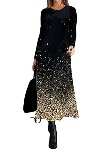 shownicer Damen Herbst Winter Freizeit Langarm Maxi Boho Print Kleid Elegante Pulloverkleid Langarm Lose Rundhals Tunika Kleid Hohe Taille Swing Maxikleid F Schwarz L von shownicer