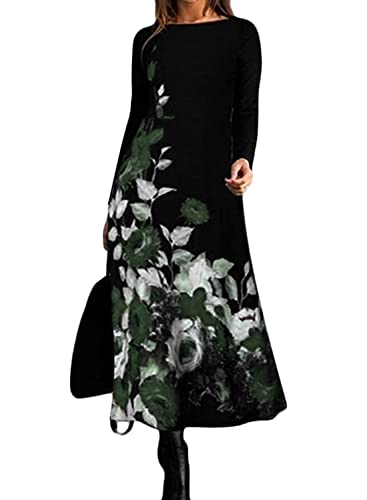 shownicer Damen Herbst Winter Freizeit Langarm Maxi Boho Print Kleid Elegante Pulloverkleid Langarm Lose Rundhals Tunika Kleid Hohe Taille Swing Maxikleid I Grün L von shownicer