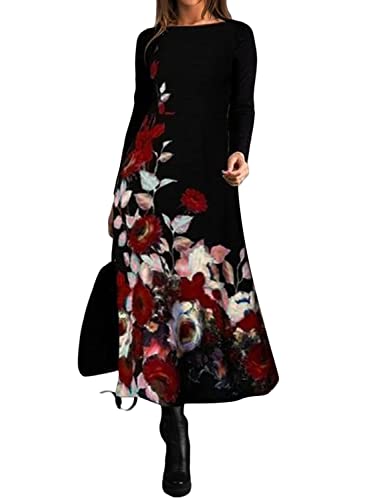 shownicer Damen Herbst Winter Freizeit Langarm Maxi Boho Print Kleid Elegante Pulloverkleid Langarm Lose Rundhals Tunika Kleid Hohe Taille Swing Maxikleid I Rot S von shownicer