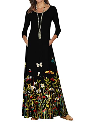 shownicer Damen Herbst Winter Freizeit Langarm Maxi Boho Print Kleid Loose Lässige Langkleider Freizeitkleid Rundhals Tunika Kleid Stil 01 XL von shownicer