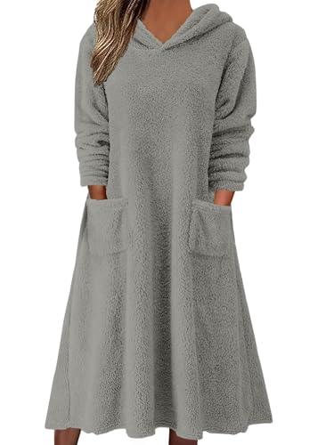 shownicer Damen Herbst Winter Kleid Lose Plüsch Kapuzenkleid Langes Kleid Fleece Langarm Pullover Casual Pyjama Kleid mit Taschen A Dunkelgrau XL von shownicer