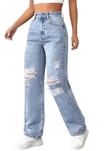 shownicer Damen High Waist Jeans Stretch Jeanshose Zerrissen Destroyed Loose Fit Jeanshose Boyfriend Denim Gerade Hose A Blau S von shownicer
