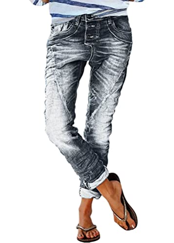 shownicer Damen High Waist Jeans Stretch Jeanshose Zerrissen Destroyed Loose Fit Jeanshose Boyfriend Denim Gerade Hose A Grau S von shownicer