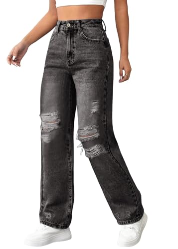 shownicer Damen High Waist Jeans Stretch Jeanshose Zerrissen Destroyed Loose Fit Jeanshose Boyfriend Denim Gerade Hose A Schwarz L von shownicer
