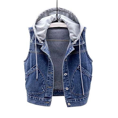 shownicer Damen Hooded Jeansweste Jacke Ärmellos Revers Einfache Beiläufige Kurz Jeansjacke Denim Weste Mit Button Dunkelblau M von shownicer