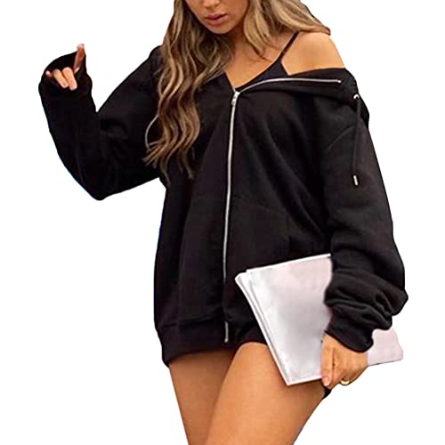 shownicer Damen Hoodie Jacke Oversize Vintage Reißverschluss Kapuzenjacke Zip Up Kapuzenpullover Sweatshirt mit Kapuze Übergangsjacke Teenager Mädchen Schwarz XS von shownicer