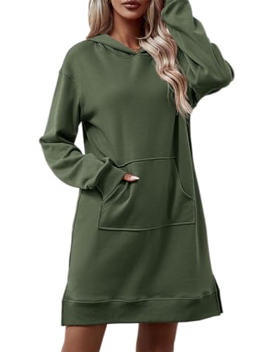 shownicer Damen Hoodie Kleid Langarm Sweatshirts Kapuzenpullover Lässig Mode Sweatshirt Mini Kleid mit Taschen Oversize Pullover Mit Kapuze Winter Herbst D Grün XL von shownicer