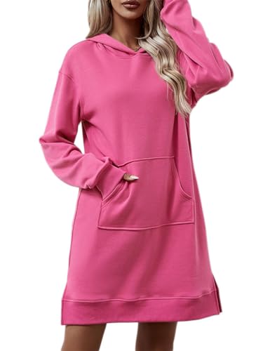 shownicer Damen Hoodie Kleid Langarm Sweatshirts Kapuzenpullover Lässig Mode Sweatshirt Mini Kleid mit Taschen Oversize Pullover Mit Kapuze Winter Herbst D Rosa L von shownicer