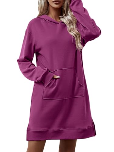 shownicer Damen Hoodie Kleid Langarm Sweatshirts Kapuzenpullover Lässig Mode Sweatshirt Mini Kleid mit Taschen Oversize Pullover Mit Kapuze Winter Herbst D Violett L von shownicer
