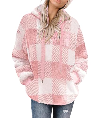 shownicer Damen Hoodie Pullover Fleece Plüsch Kapuzenpullover Pulli Casual Einfarbig Langarm Sweatshirt Hoodies B Rosa M von shownicer