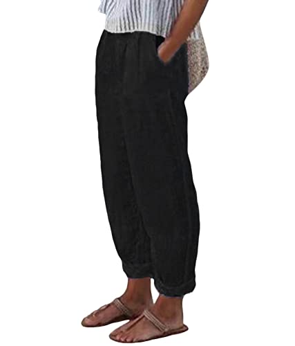 shownicer Leinenhose Damen Sommer Lang Leichte Freizeithose Loose Fit Haremshose Bequem Stoffhose mit Tasche Frauen Lässige Bedruckt Sommerhose Strandhose 7/8 Lang Weites Bein Hosen A Schwarz M von shownicer