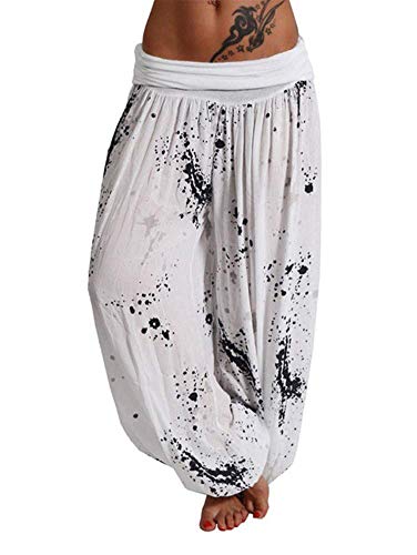 shownicer Damen Hosen Lang Bedrucken Pumphose Haremshose Sommerhose Yogahose Aladinhose Baggy Harem Atmungsaktive Freizeithose Yogahose Strandhose mit Taschen A Weiß XXL von shownicer
