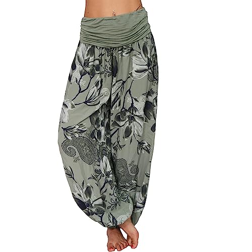 shownicer Damen Hosen Lang Bedrucken Pumphose Haremshose Sommerhose Yogahose Aladinhose Baggy Harem Atmungsaktive Freizeithose Yogahose Strandhose mit Taschen C Armeegrün XXL von shownicer