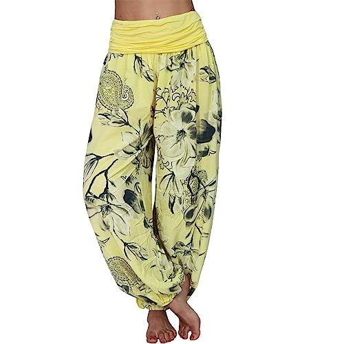 shownicer Damen Hosen Lang Bedrucken Pumphose Haremshose Sommerhose Yogahose Aladinhose Baggy Harem Atmungsaktive Freizeithose Yogahose Strandhose mit Taschen C Gelb XXL von shownicer