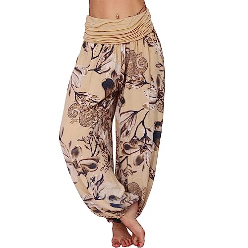 shownicer Damen Hosen Lang Bedrucken Pumphose Haremshose Sommerhose Yogahose Aladinhose Baggy Harem Atmungsaktive Freizeithose Yogahose Strandhose mit Taschen C Khaki XXL von shownicer