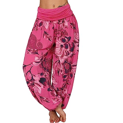 shownicer Damen Hosen Lang Bedrucken Pumphose Haremshose Sommerhose Yogahose Aladinhose Baggy Harem Atmungsaktive Freizeithose Yogahose Strandhose mit Taschen C Rose Rot XXL von shownicer