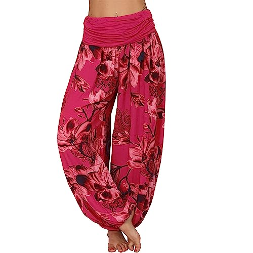 shownicer Damen Hosen Lang Bedrucken Pumphose Haremshose Sommerhose Yogahose Aladinhose Baggy Harem Atmungsaktive Freizeithose Yogahose Strandhose mit Taschen C Rot M von shownicer