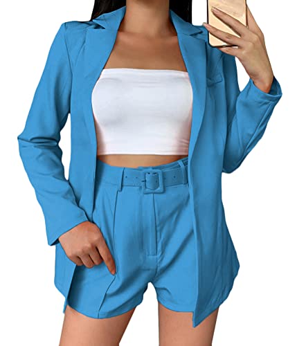 shownicer Damen Hosenanzüge Zweiteiliger Anzug Set Revers Business Büro Einfarbig Blazer und Shorts Langarm Anzugjacke Hosenanzug Slim Fit 2-teilig Anzugsets B Blau M von shownicer