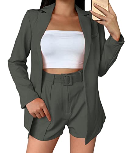 shownicer Damen Hosenanzüge Zweiteiliger Anzug Set Revers Business Büro Einfarbig Blazer und Shorts Langarm Anzugjacke Hosenanzug Slim Fit 2-teilig Anzugsets B Dunkelgrau S von shownicer