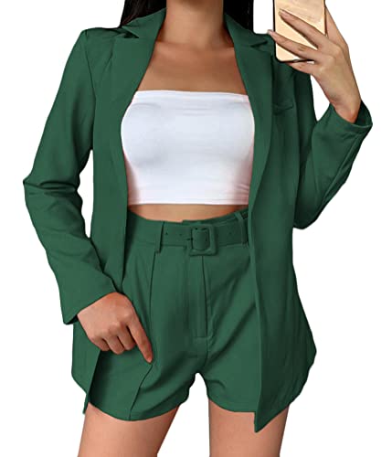 shownicer Damen Hosenanzüge Zweiteiliger Anzug Set Revers Business Büro Einfarbig Blazer und Shorts Langarm Anzugjacke Hosenanzug Slim Fit 2-teilig Anzugsets B Grün L von shownicer