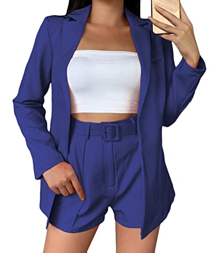 shownicer Damen Hosenanzüge Zweiteiliger Anzug Set Revers Business Büro Einfarbig Blazer und Shorts Langarm Anzugjacke Hosenanzug Slim Fit 2-teilig Anzugsets B Marine M von shownicer