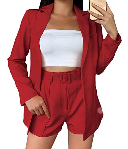 shownicer Damen Hosenanzüge Zweiteiliger Anzug Set Revers Business Büro Einfarbig Blazer und Shorts Langarm Anzugjacke Hosenanzug Slim Fit 2-teilig Anzugsets B Rot 3XL von shownicer