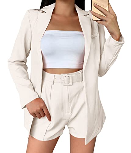 shownicer Damen Hosenanzüge Zweiteiliger Anzug Set Revers Business Büro Einfarbig Blazer und Shorts Langarm Anzugjacke Hosenanzug Slim Fit 2-teilig Anzugsets B Weiß S von shownicer