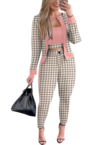 shownicer Damen Hosenanzug 3 Teiliges Set Spitze Shirt Und Hohe Hosenanzug Dreiteilig Hosenanzug Cocktail Party Spitzen Lange Hose Abendanzug Outfit A Rosa M von shownicer