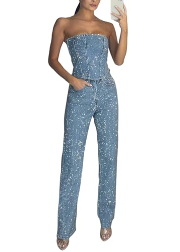 shownicer Damen Hosenanzug Elegant 2-teilig Set Zweiteiler Slimfit Tops und Hosen Mode 2 Teiler Festlich Sportlich Streetwear Formal Festlicher Suit A Blau XS von shownicer