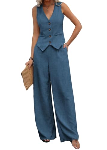 shownicer Damen Hosenanzug Elegant Business Anzug 2 Teiler Set Ärmellos Blazer Weste und Hosen Hohe Taille Festlich Zweiteiler Anzug Sommer Mode Outfit Set Streetwear A Blau XL von shownicer