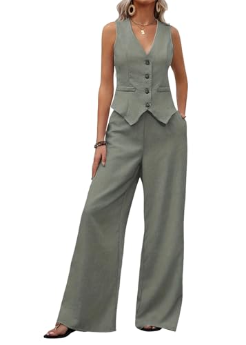 shownicer Damen Hosenanzug Elegant Business Anzug 2 Teiler Set Ärmellos Blazer Weste und Hosen Hohe Taille Festlich Zweiteiler Anzug Sommer Mode Outfit Set Streetwear A Grün S von shownicer