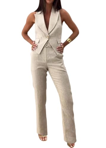 shownicer Damen Hosenanzug Elegant Business Anzug 2 Teiler Set Ärmellos Blazer Weste und Hosen Hohe Taille Festlich Zweiteiler Anzug Sommer Mode Outfit Sets Streetwear A Aprikose S von shownicer