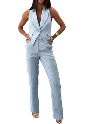 shownicer Damen Hosenanzug Elegant Business Anzug 2 Teiler Set Ärmellos Blazer Weste und Hosen Hohe Taille Festlich Zweiteiler Anzug Sommer Mode Outfit Sets Streetwear A Hellblau XS von shownicer