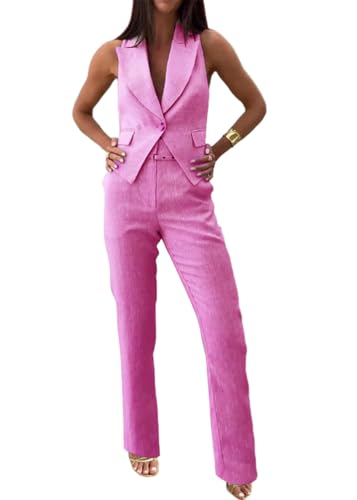 shownicer Damen Hosenanzug Elegant Business Anzug 2 Teiler Set Ärmellos Blazer Weste und Hosen Hohe Taille Festlich Zweiteiler Anzug Sommer Mode Outfit Sets Streetwear A Rosa XS von shownicer