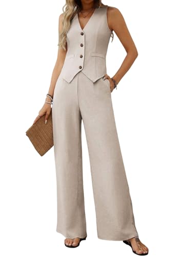 shownicer Damen Hosenanzug Elegant Business Anzug 2 Teiler Set Ärmellos Blazer Weste und Hosen Hohe Taille Festlich Zweiteiler Anzug Sommer Mode Outfit Sets Streetwear A1 Khaki XS von shownicer
