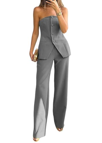 shownicer Damen Hosenanzug Elegant Business Anzug 2 Teiler Set Ärmellos Blazer Weste und Hosen Hohe Taille Festlich Zweiteiler Anzug Sommer Mode Outfit Sets Streetwear C Grau M von shownicer