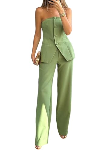 shownicer Damen Hosenanzug Elegant Business Anzug 2 Teiler Set Ärmellos Blazer Weste und Hosen Hohe Taille Festlich Zweiteiler Anzug Sommer Mode Outfit Sets Streetwear C Grün XS von shownicer