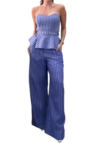 shownicer Damen Hosenanzug Elegant Business Anzug 2 Teiler Set Ärmellos Blazer Weste und Hosen Hohe Taille Festlich Zweiteiler Anzug Sommer Mode Outfit Sets Streetwear D Blau XS von shownicer