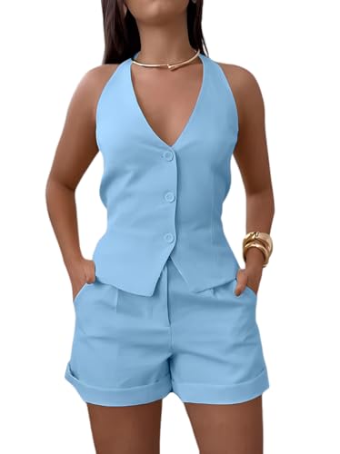 shownicer Damen Hosenanzug Elegant Business Anzug Blazer Hose 2-teilig Set Zweiteiler Ärmellos Weste Und Shorts Mode 2 Teiler Formal Festlicher Suit Streetwear A Blau XXL von shownicer