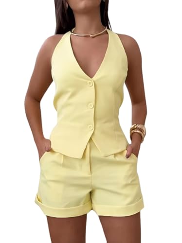 shownicer Damen Hosenanzug Elegant Business Anzug Blazer Hose 2-teilig Set Zweiteiler Ärmellos Weste Und Shorts Mode 2 Teiler Formal Festlicher Suit Streetwear A Gelb L von shownicer