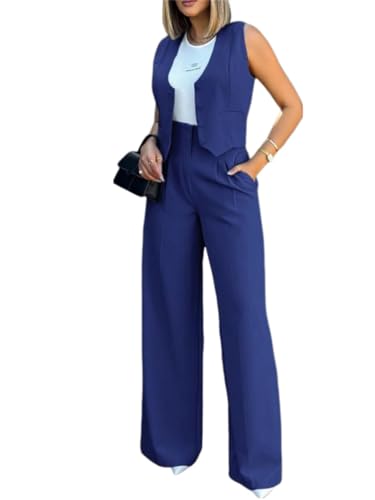 shownicer Damen Hosenanzug Elegant Business Anzug Blazer Hose 2-teilig Set Zweiteiler Slimfit Hosen + Weste Mode 2 Teiler Festlich Sportlich Formal Festlicher Suit A Blau XXL von shownicer