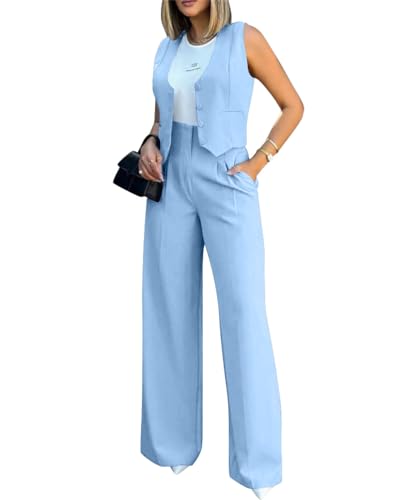 shownicer Damen Hosenanzug Elegant Business Anzug Blazer Hose 2-teilig Set Zweiteiler Slimfit Hosen + Weste Mode 2 Teiler Festlich Sportlich Streetwear Formal Festlicher Suit A Hellblau M von shownicer