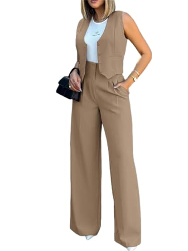 shownicer Damen Hosenanzug Elegant Business Anzug Blazer Hose 2-teilig Set Zweiteiler Slimfit Hosen + Weste Mode 2 Teiler Festlich Sportlich Streetwear Formal Festlicher Suit A Khaki L von shownicer