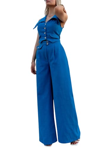 shownicer Damen Hosenanzug Elegant Business Anzug Blazer Hose 2-teilig Set Zweiteiler Slimfit Hosen + Weste Mode 2 Teiler Festlich Sportlich Streetwear Formal Festlicher Suit C Blau M von shownicer