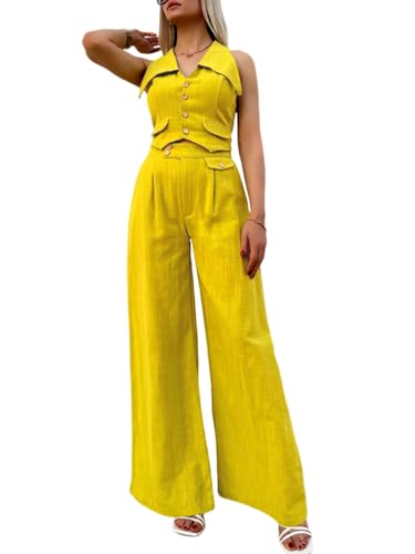 shownicer Damen Hosenanzug Elegant Business Anzug Blazer Hose 2-teilig Set Zweiteiler Slimfit Hosen + Weste Mode 2 Teiler Festlich Sportlich Streetwear Formal Festlicher Suit C Gelb M von shownicer